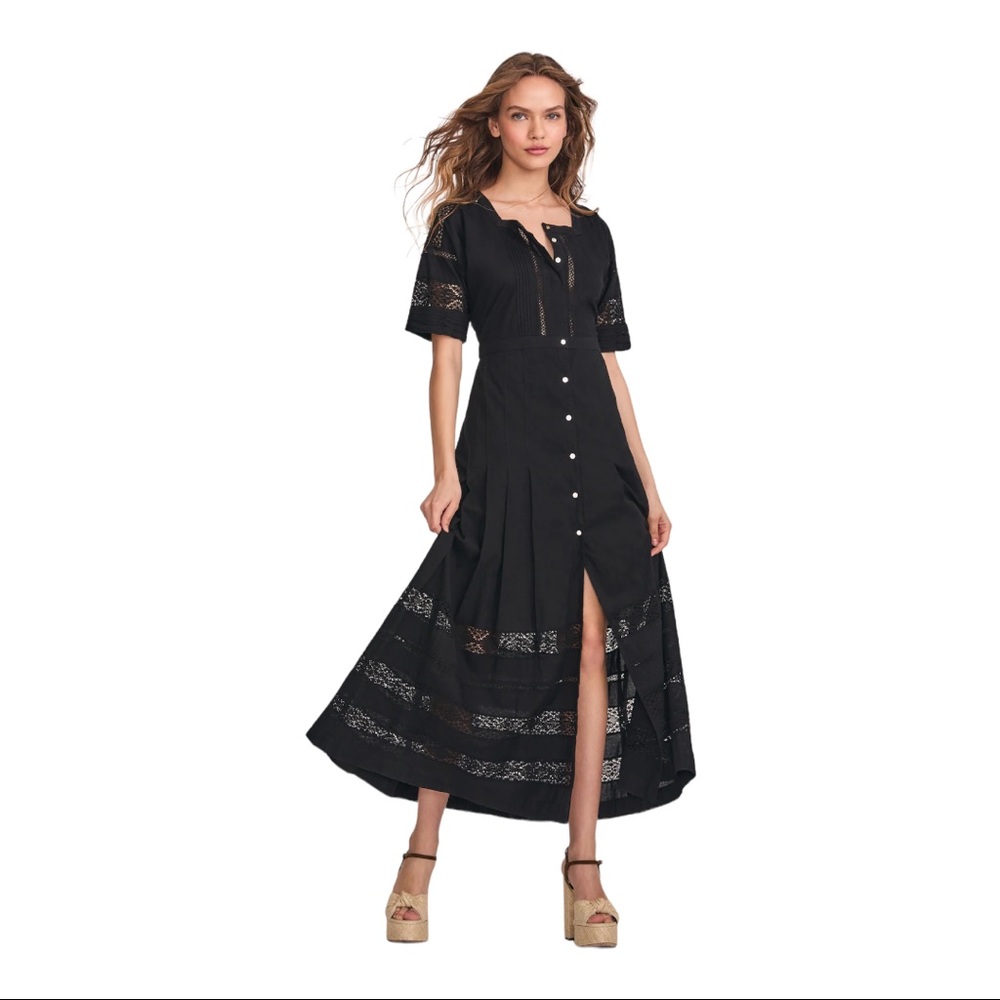 LoveShackFancy Edie Lace Short Sleeve Midi Shirt Dress - Picture 4 of 14